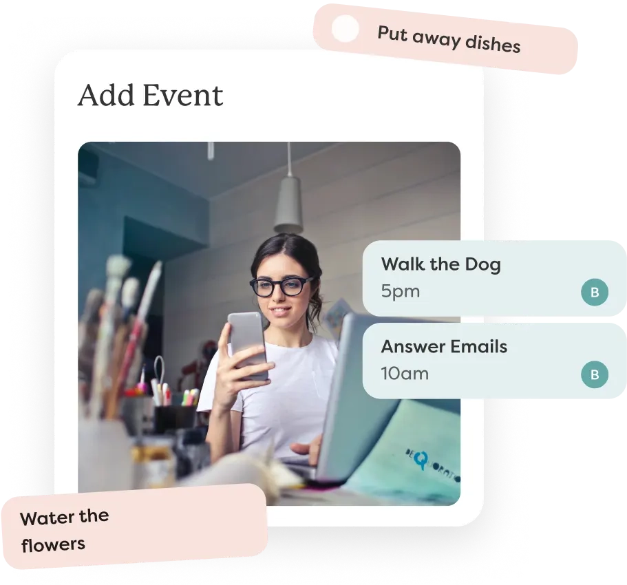A woman using the Skylight app to manage tasks such as walking the dog and answering emails
