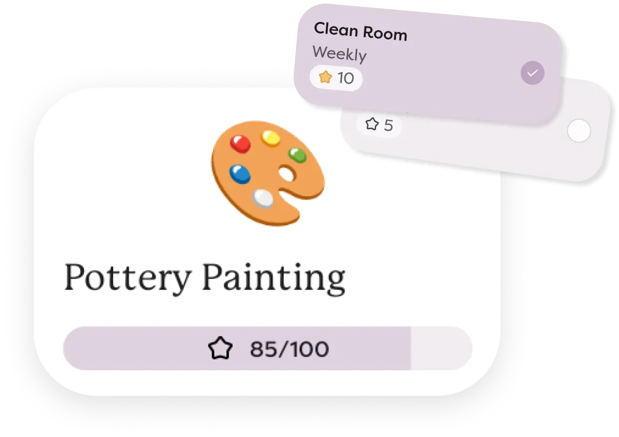 A child earning stars for completing chores like clean room, showcasing the ability to add stars to Chores to motivate kids to complete tasks by earning Rewards.