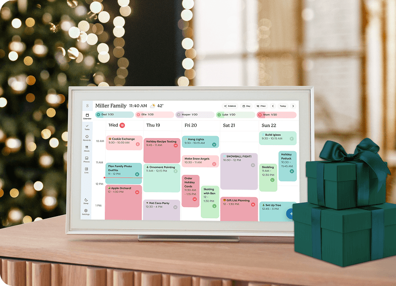 Skylight Calendar 15" on a countertop with a plant and bookcase in the background